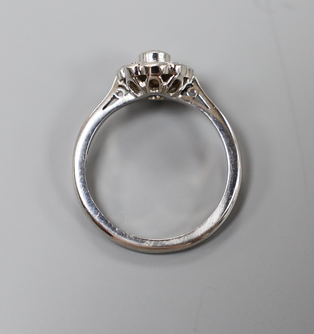 A modern platinum and collet set nine stone diamond flower head cluster ring, size O, gross weight 5.6 grams